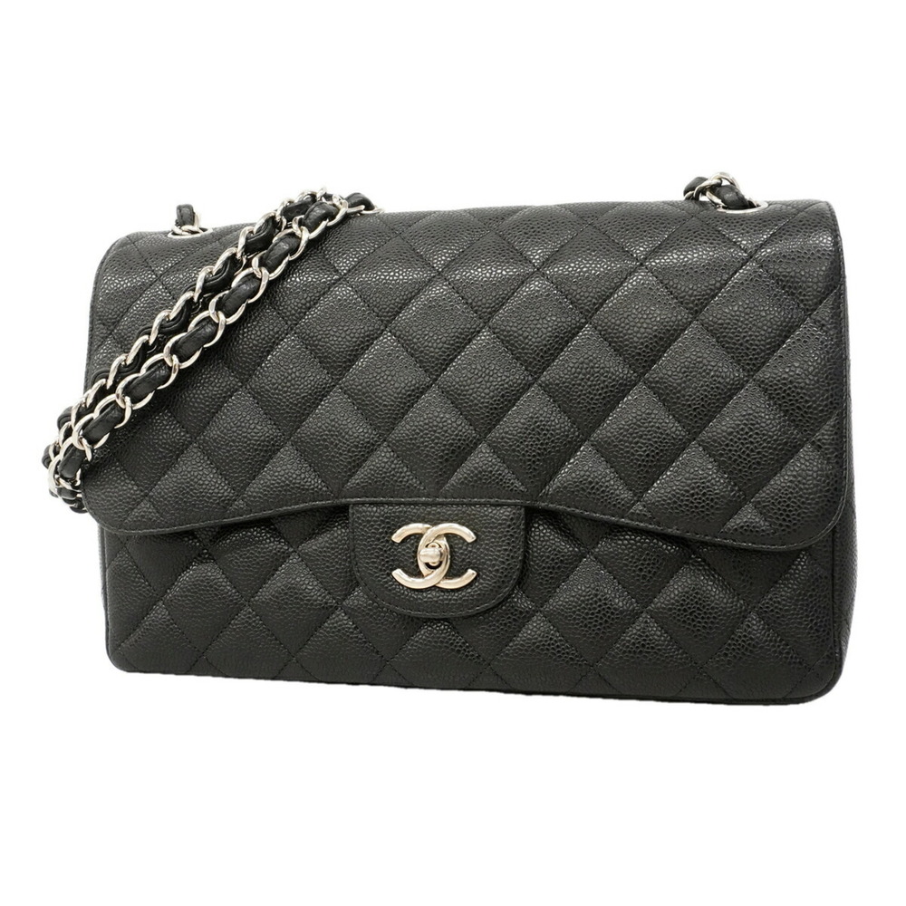 Chanel Shoulder Bag, Large Matelassé, Double Flap, Chain, Caviar Leather, Bla...